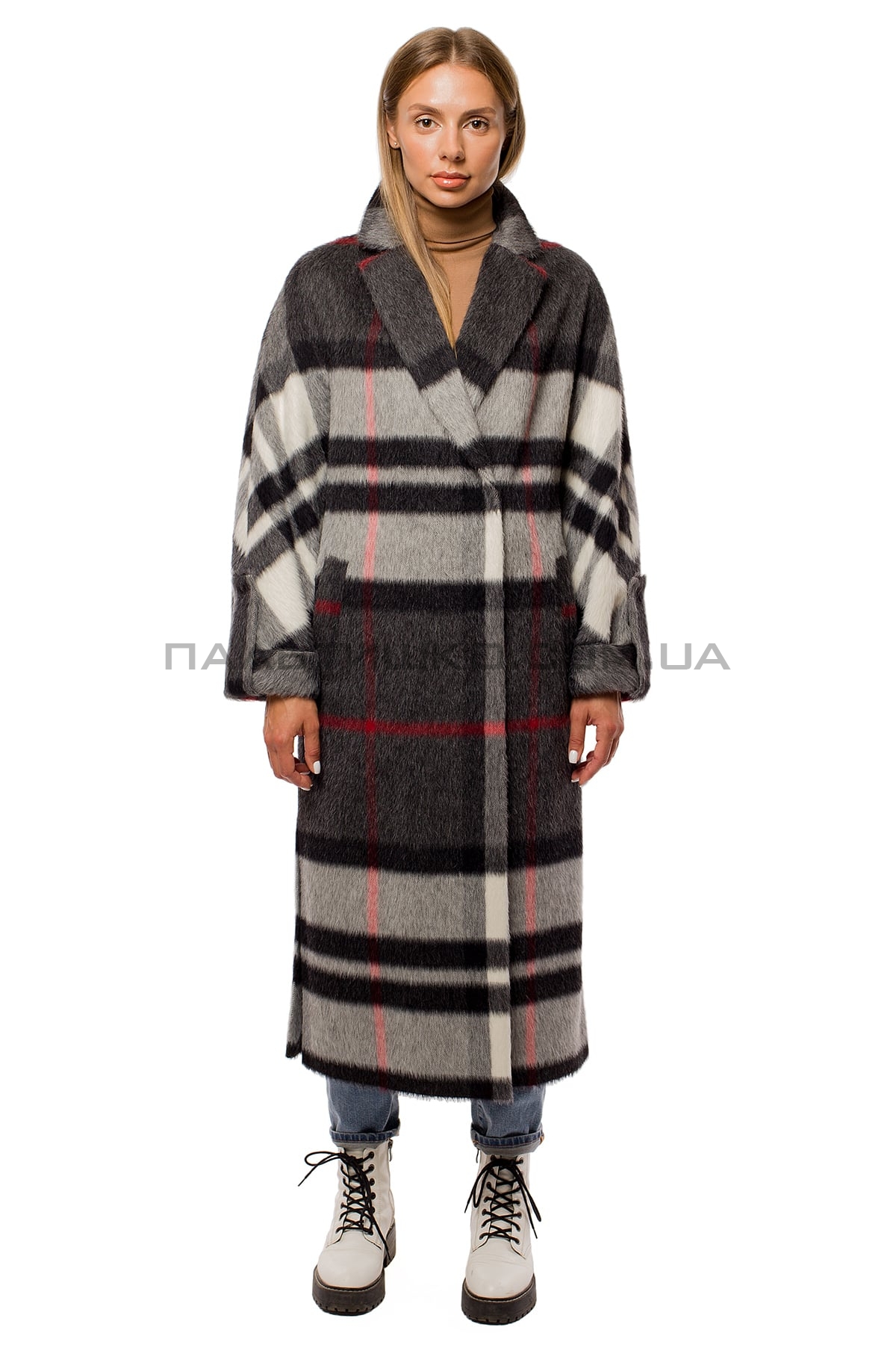  Жіноче сіре пальто в клітинку
