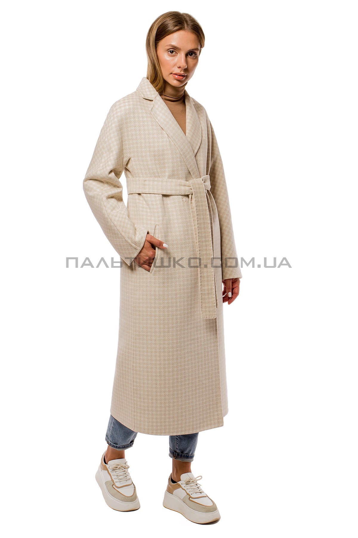  Пальто жіноче з поясом бежеве