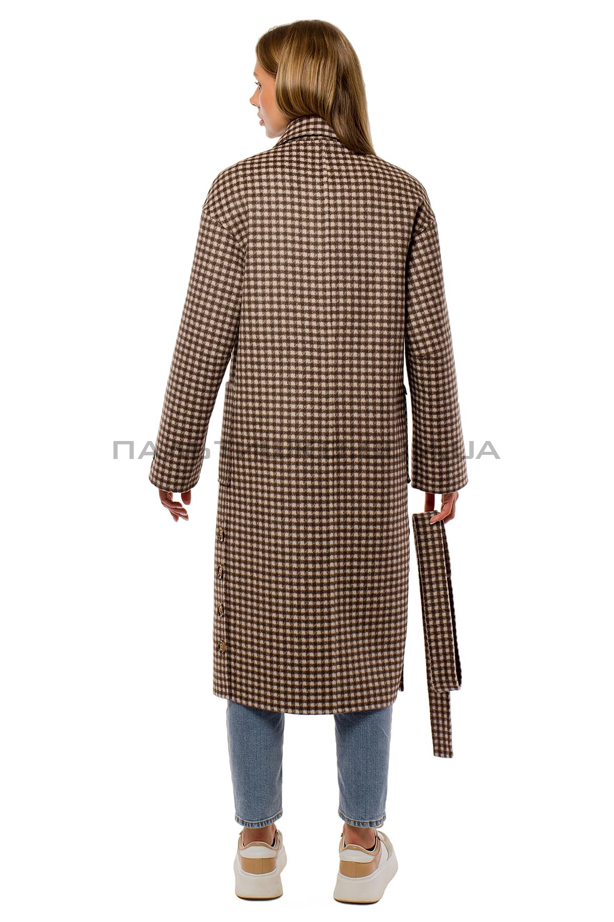 Женское стильное пальто гусиная лапка коричневое