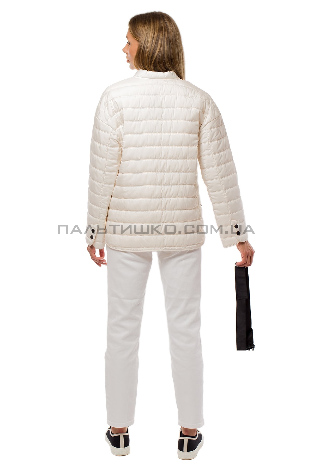 Жіноча біла куртка з чорним поясом