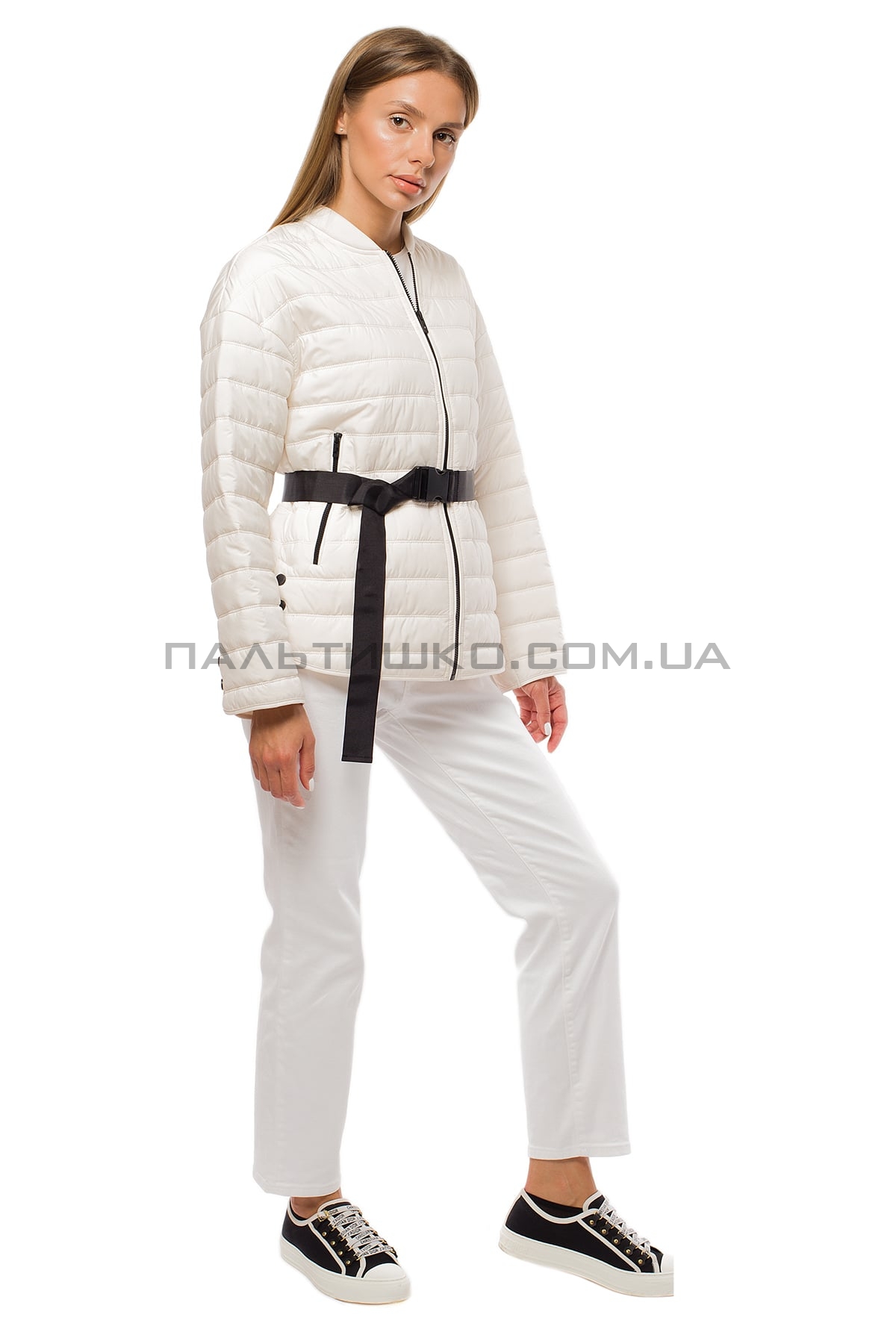  Жіноча біла куртка з чорним поясом