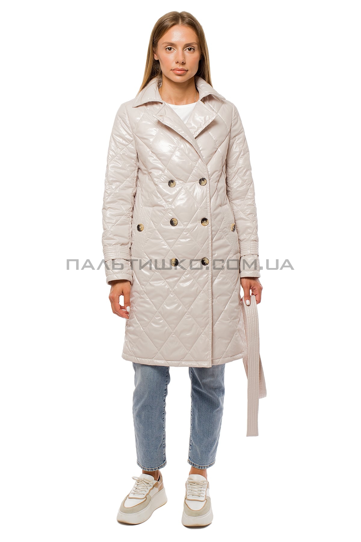 Женкская куртка перламутровая белая с поясом