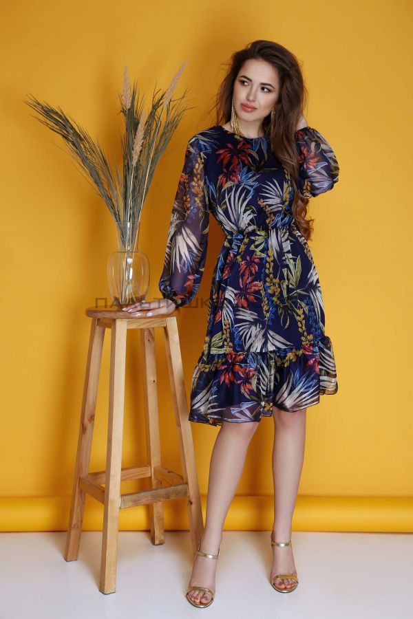 Stella Polare Сукня темно-синя з листяним принтом